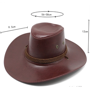Detail view of brown faux leather cowboy hat showing size 56-58cm and 9.5cm brim dimensions
