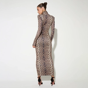 Back view of a slim-fit leopard print maxi dress with long sleeves and a high neckline