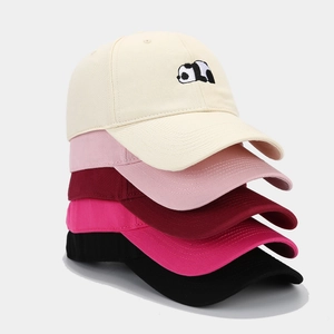 Set of 5 cotton baseball caps with panda embroidery in beige, pink, red, and black colors
