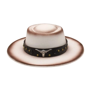 Flat top felt boater hat in cream with distressed edges and silver bull head emblem