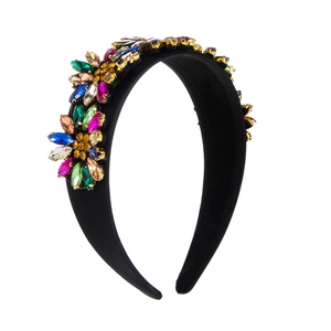 Baroque style wide headband featuring colorful rhinestone floral clusters on black velvet
