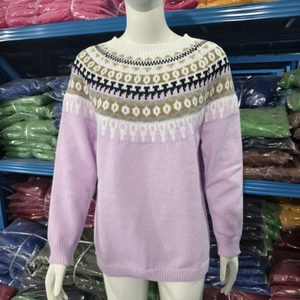 Detail view of purple knit sweater featuring retro geometric jacquard patterns on neckline