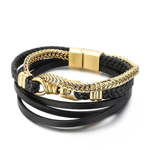 Men's multilayer braided black leather and gold chain bracelet with magnetic buckle