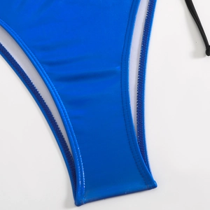 Detail of royal blue metallic bikini bottom showing double stitching and tie straps