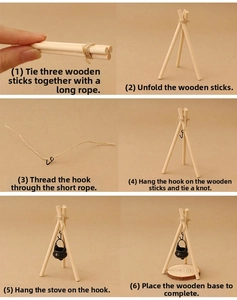 Detailed step-by-step assembly guide for a miniature dollhouse tripod hanging pot set