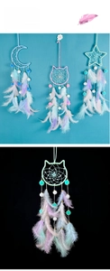 Detail of DIY dream catcher kit showing moon and cat shapes with soft pastel feathers