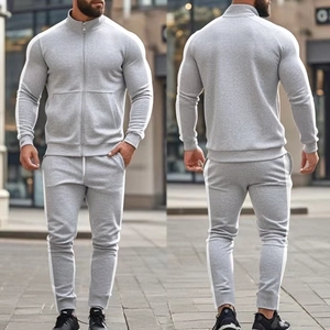 Front and back view of men's light grey tracksuit with stand collar and side stripes