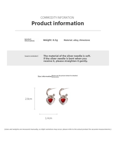 Detail of silver heart earrings with red crystals showing dimensions and alloy materials