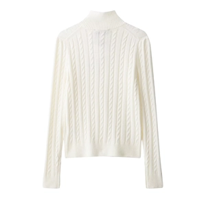 Women's cream white cable knit high neck sweater with ribbed cuffs in a clean studio shot