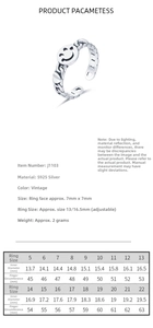 Size chart for S925 sterling silver smiley face ring with adjustable band dimensions