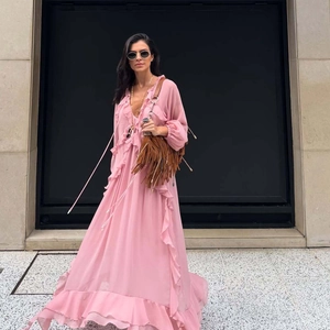 Robe Maxi Élégante En Mousseline Rose Pour Femme Col En V Volants Superposés Couleur Unie Manches Longues Style Bohème