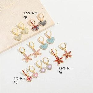 Retro heart and flower drop earrings set in gold finish with colorful zircon stones