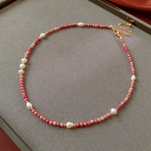 Pink gemstone and baroque freshwater pearl necklace with adjustable gold chain clasp