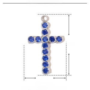 Detail of silver stainless steel cross pendant with blue zircon stones and size specs