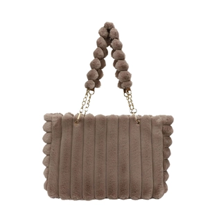 Brown fuzzy tote bag with vertical stripes and sphere metal chain handle on white background