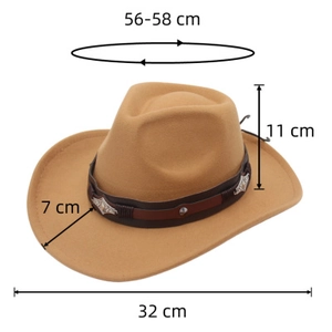Detailed dimensions of khaki cowboy hat with a 7cm brim and silver metal buckle belt