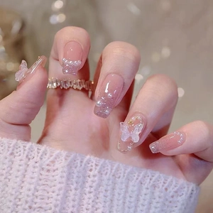 Press On Nails Handmade 3D Butterfly Artificial Pearl Gradient Glitter Pink Short Coffin Sweet Style For Women