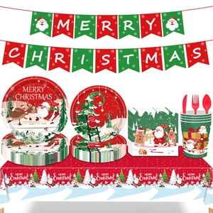 Christmas Party Disposable Tableware Paper Plates Napkins Cups Plastic Knife Fork Spoon Banner Tablecloth Festive Cartoon