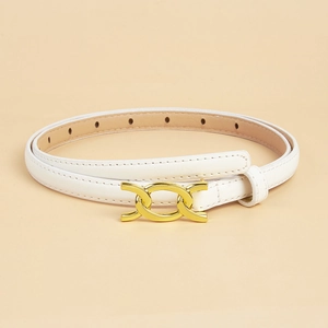 Women's minimalist white belt with gold chain buckle, stylish accessory for jeans