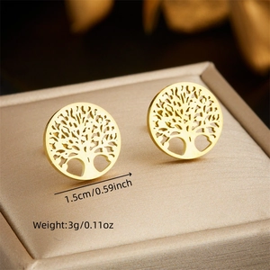 Gold hollow Tree of Life circular stud earrings in stainless steel with size specs