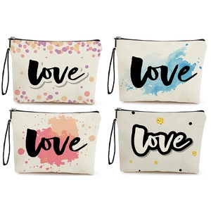 Cosmetic Bag Linen Zipper Makeup Pouch Love Print Portable Travel Toiletry Storage Organizer Wristlet Handbag