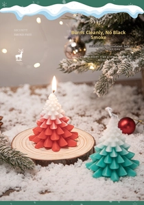 Detail of Christmas tree scented candle with layered pine texture on wooden slice