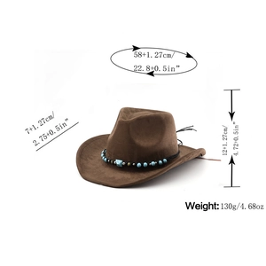 Detail of suede western hat with dimensions, featuring turquoise beads and braided trim