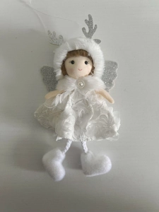 Detail of white plush angel ornament with silver antlers and lace dress for Christmas tree