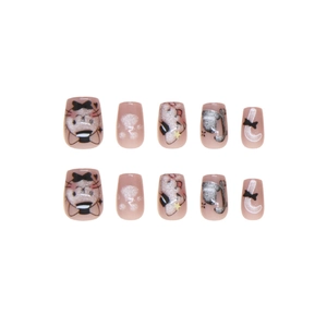 Handmade 10pcs pink cat-themed press-on nails with cute bow and paw glitter designs