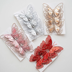 Glitter feather butterfly Christmas tree ornaments in gold silver red and pink 3-piece set