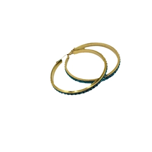 Fashion 40mm 18k gold plated hoop earrings with micro-set blue crystals on white background