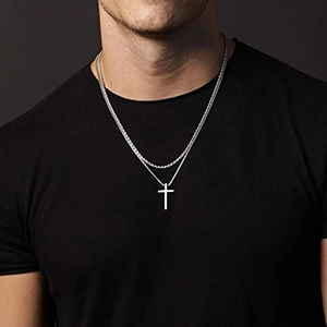 Men silver double layer titanium steel necklace with a classic cross pendant