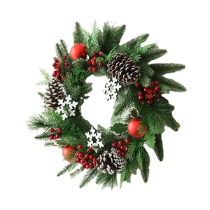 40CM Christmas wreath with PE mixed leaves red berries pine cones and snowflakes decoration