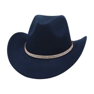 Close-up of navy wool cowboy hat featuring a sparkling rhinestone-studded decorative band