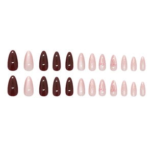 Burgundy and pink cat-eye press-on nails with almond shape and delicate bow designs
