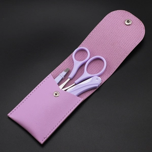 Purple 4-piece manicure set with scissors, tweezers, and nail clippers in a PU leather case