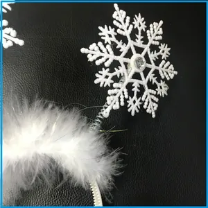 Close-up of glitter snowflake headband with white feathers and gemstone detail