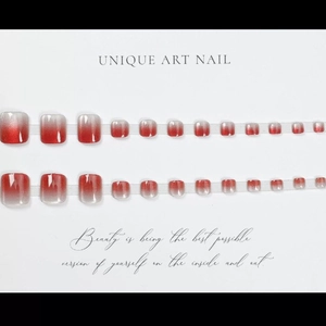 24 faux ongles d'orteils carrés avec dégradé rouge blanc argent et paillettes