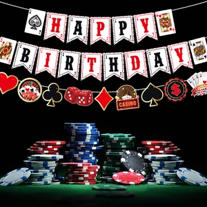 Casino theme happy birthday party banner with poker chips and dice decorations