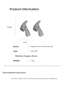 Macro detail of cubic zirconia drop earrings with precise dimensions 3.4cm x 1cm