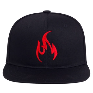 Black hip-hop flat brim baseball cap featuring a striking red flame embroidery pattern