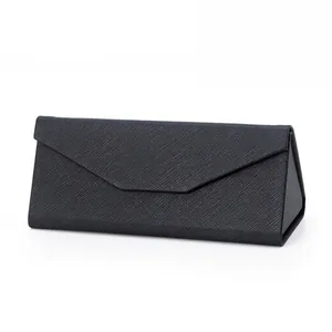 Triangular Foldable Glasses Case Saffiano PU Leather Portable Sunglasses Box Protective Eyewear Organizer Magnetic Closure Black