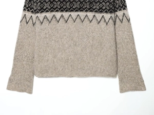 Detail of Fair Isle pattern and soft knit texture on wool blend sweater sleeve