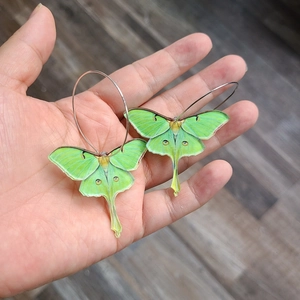 Macro detail of large green acrylic butterfly earrings on silver hoop hooks