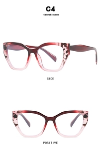 Detailed side and front view of cat-eye glasses frame in red gradient and leopard print