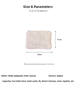 Detail view of pink quilted coin pouch showing 16x11cm dimensions and zipper closure