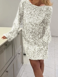 Elegante abito corto con paillettes argento a maniche lunghe con trama scintillante