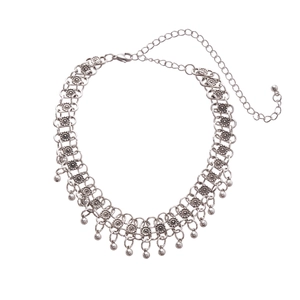 Double-layered metallic choker necklace with lock pendant and round beads in silver finish