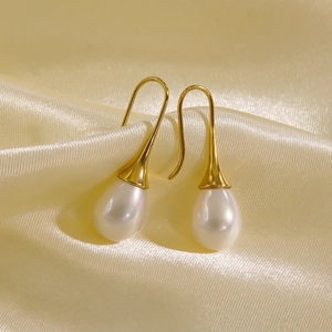 Elegant 14K gold plated stainless steel drop earrings with white shell pearls on silk