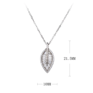 Detail view of S925 sterling silver leaf pendant set with sparkling cubic zirconia stones